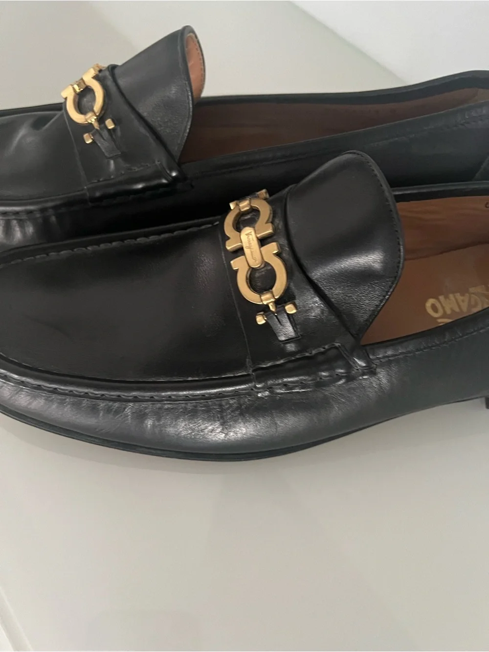 Salvatore Ferragamo Black Leather Loafers with Gold Gancini